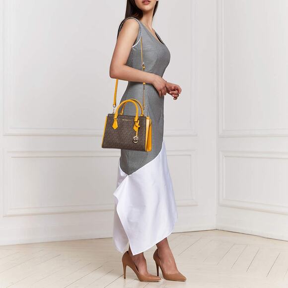 Michael Kors Yellow Leather And Brown Monogram Canvas Hope Satchel - Picture 7 of 12